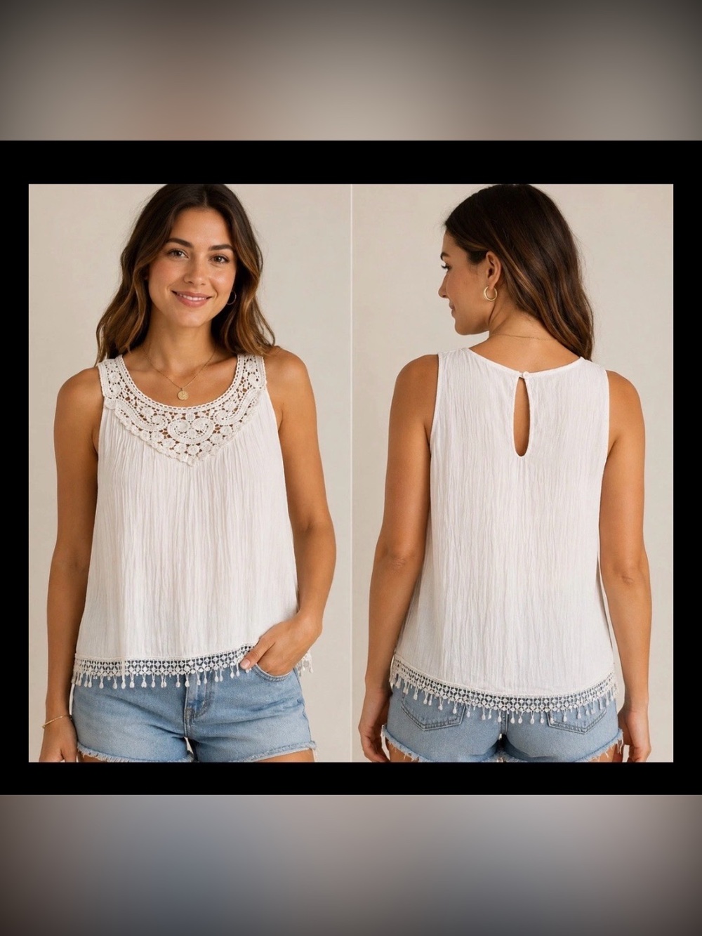 Via Signoria White Boho Crochet Lace Tank Top Small